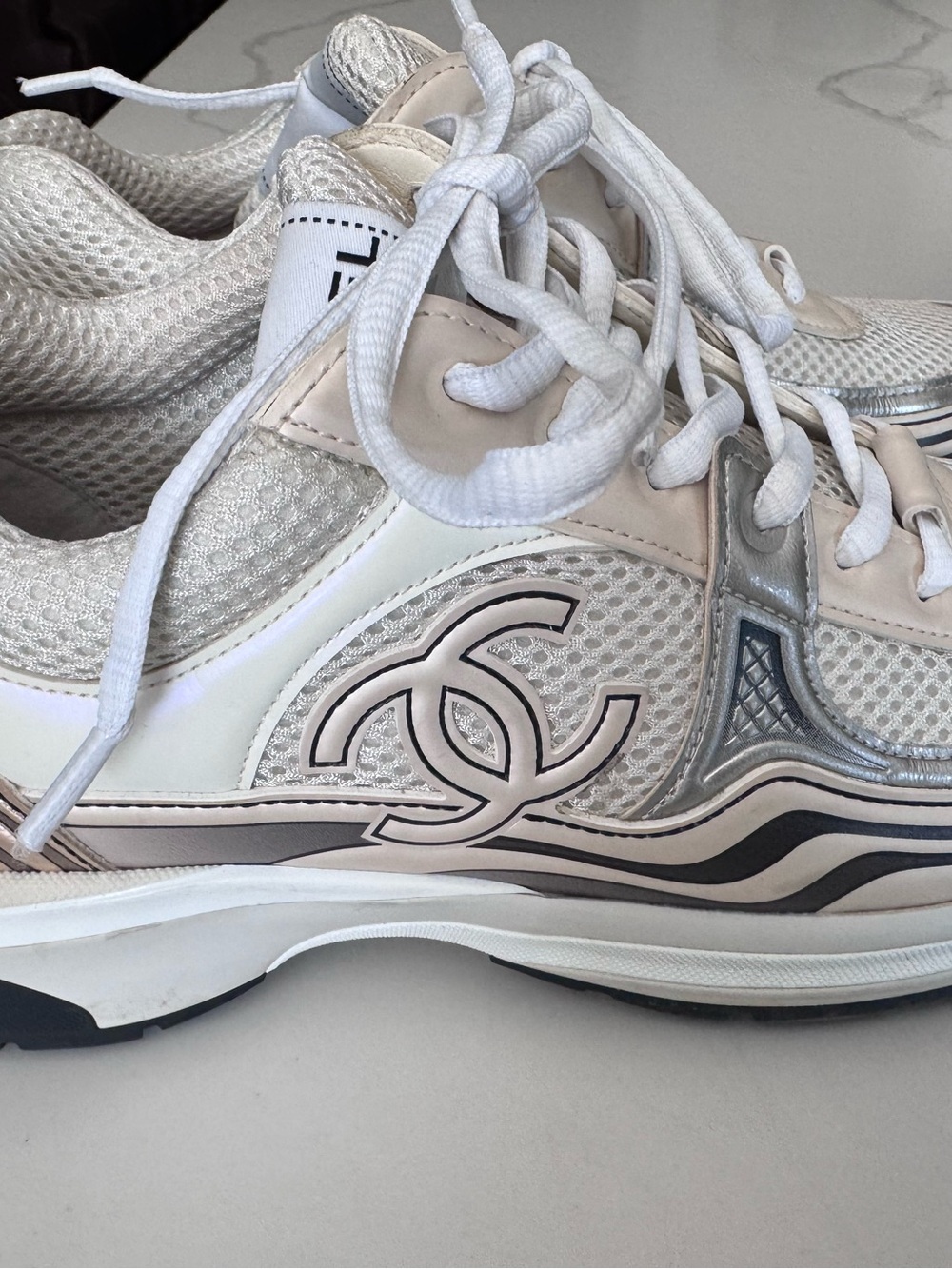 CHANEL White and Beige Mesh CC Logo Sneakers